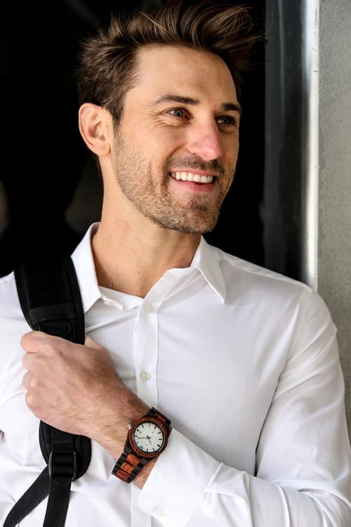 Man Posing Men's Custom Engrave Ebony & Rose Wooden Watch