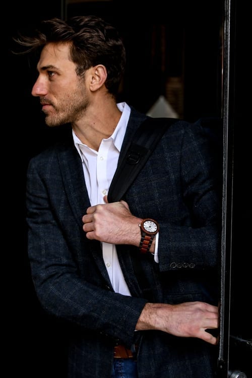 Men in Pose Wearing Custom Engrave Ebony & Rose Wooden Watch