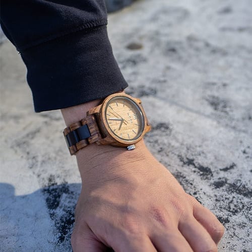 Men's Handmade Engraved Ambila Wooden Timepiece on Wrist