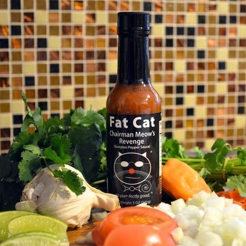 Fat Cat Chairman Meow's Revenge Bottle Behind Vegetables