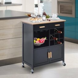 HOMCOM Kitchen Rolling Cart Island Bamboo Top Serving Utility Cabinet