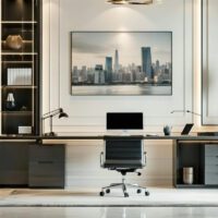 A stylish home office setup featuring a modern desk