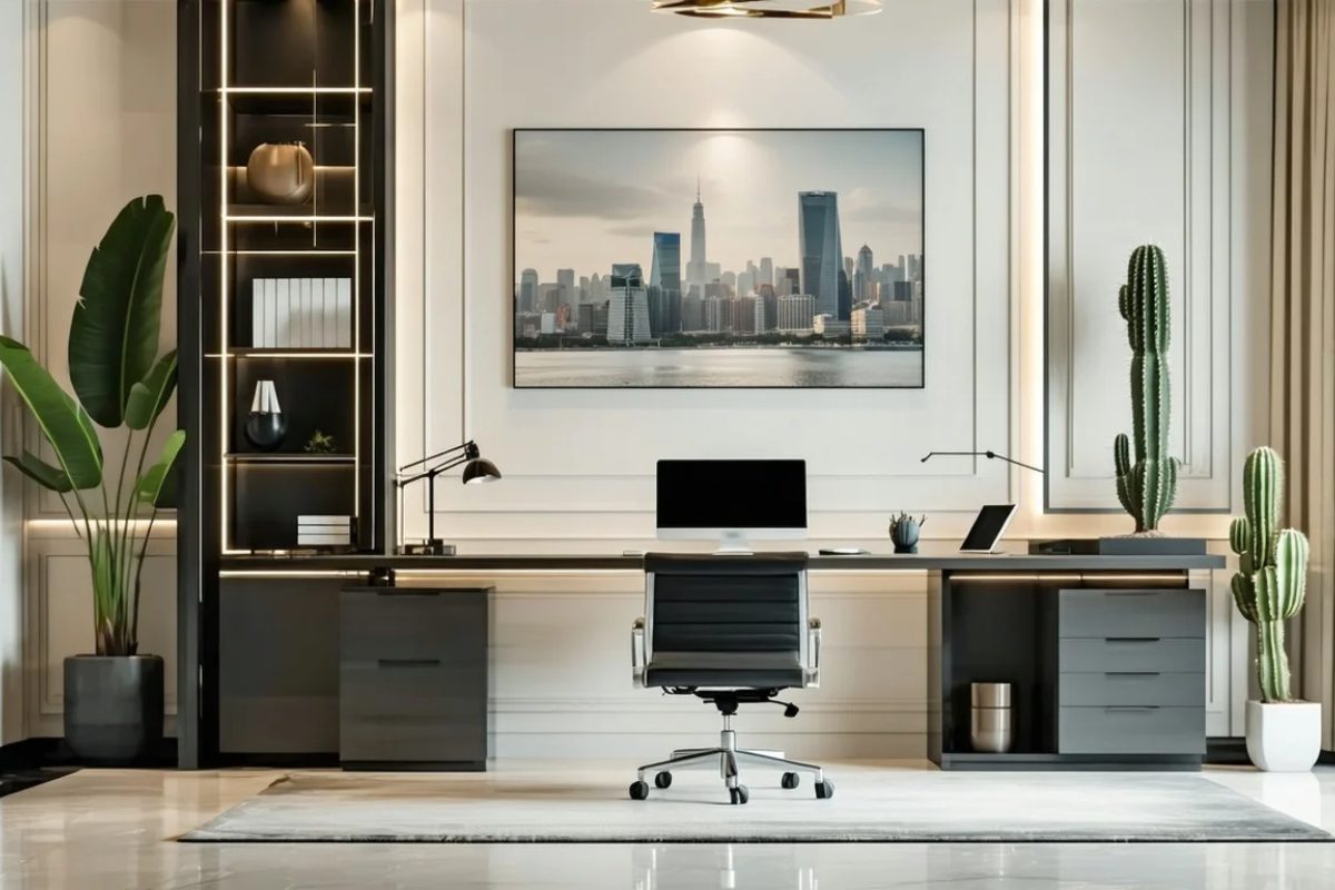 A stylish home office setup featuring a modern desk