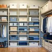 A neatly organized small closet with shelves
