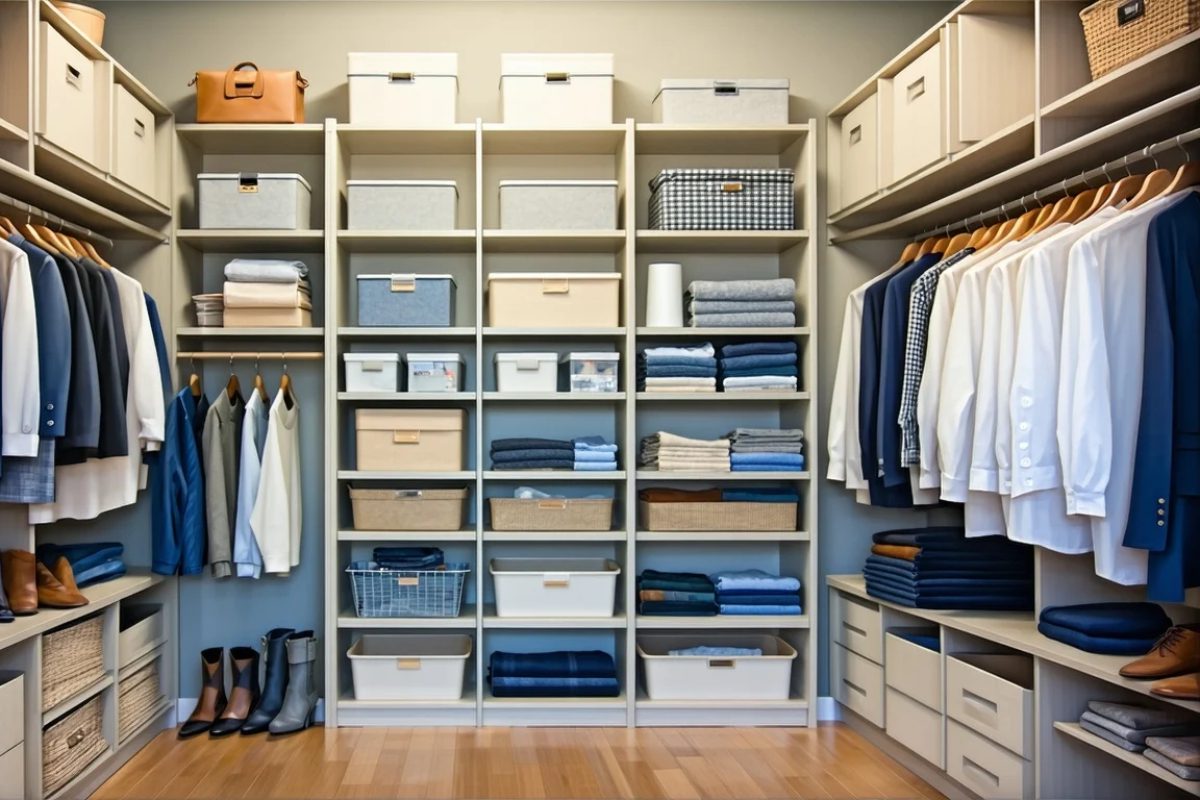 A neatly organized small closet with shelves
