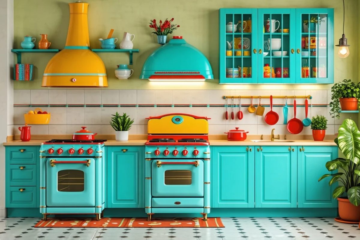 Charming retro kitchen with a vibrant vintage-style