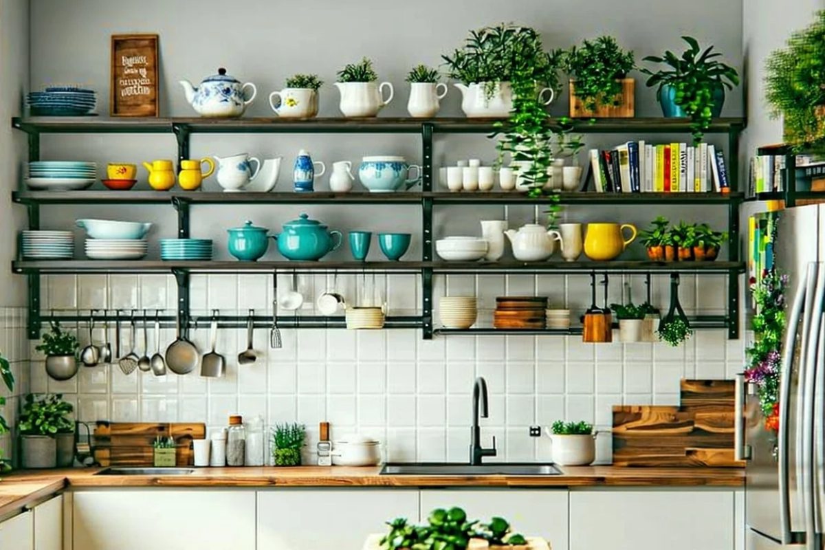 a beautifully organized kitchen with shelves