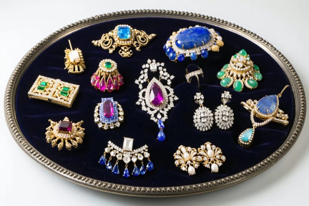 a collection of colorful, ornate vintage costume jewelry