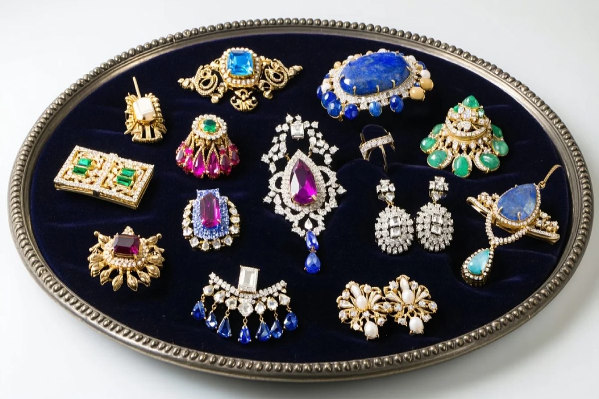 a collection of colorful, ornate vintage costume jewelry